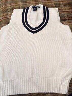 Ralph Lauren White V-Neck Sweater Vest with Navy Stripes